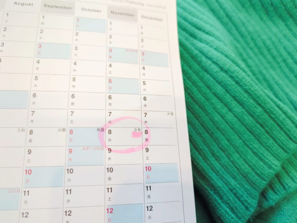 Ritto on the calendar and my green sweater